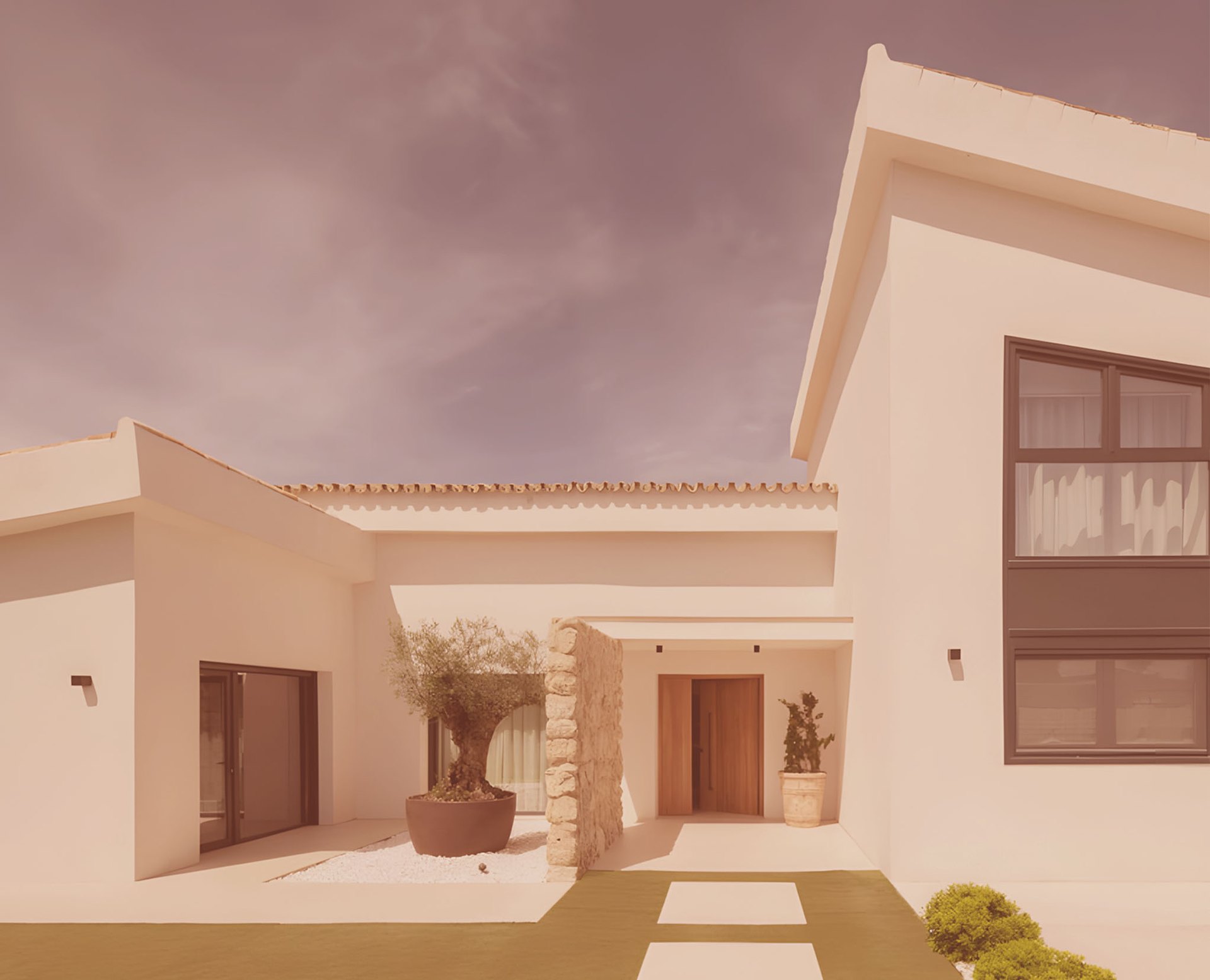 Vivienda contemporánea integrada con jardín y olivo